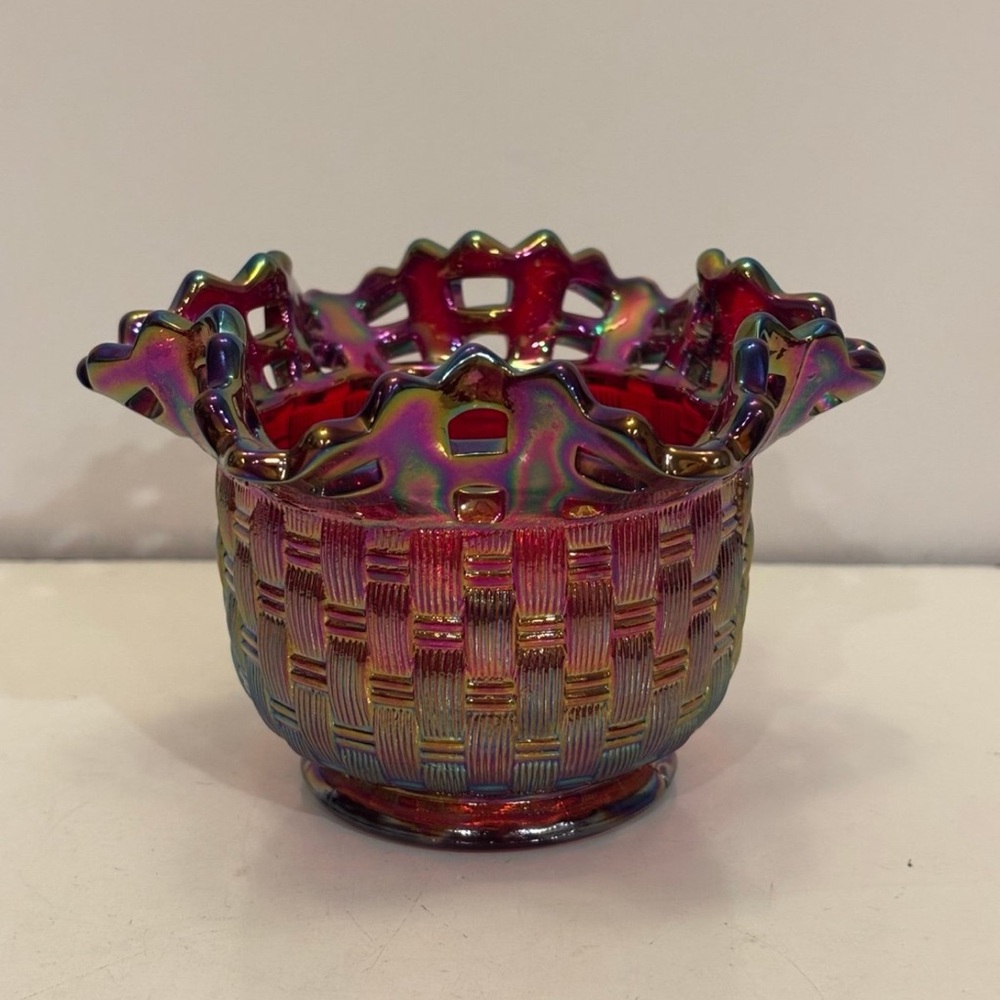 Fenton Glass Red Amberina Carnival Ruffled Open Edge Basket Weave Bowl Dish